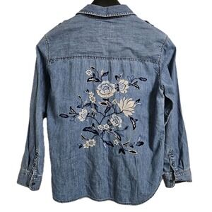 American Eagle Shirt Womens Small Blue Floral Embroidered Oversized Chambray Top